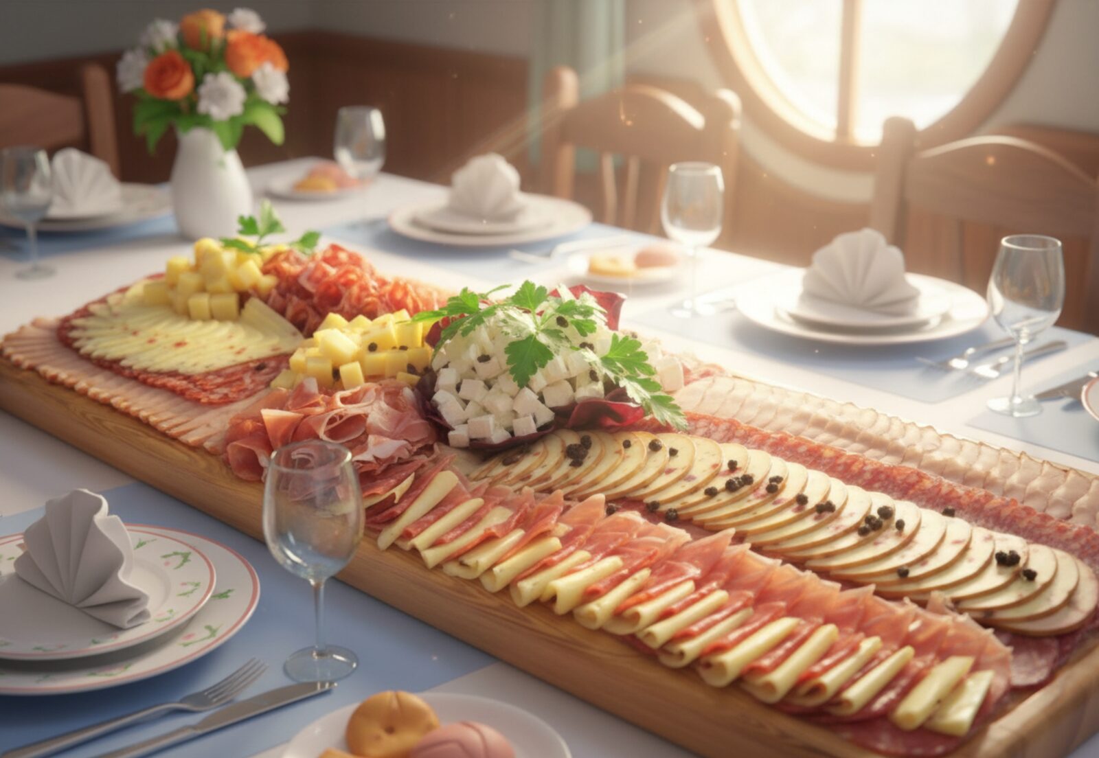 Bogato obložen catering pladenj z narezki, siri in prilogami